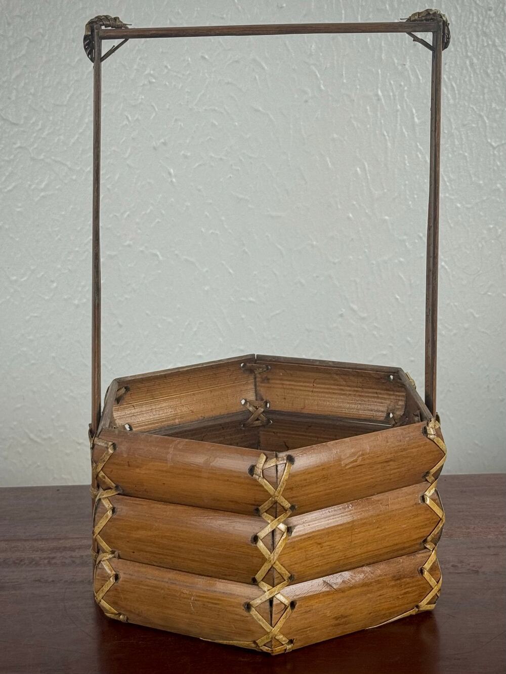 Japanese Bamboo Hexagon Basket Tall Handle Ikebana Flower Basket